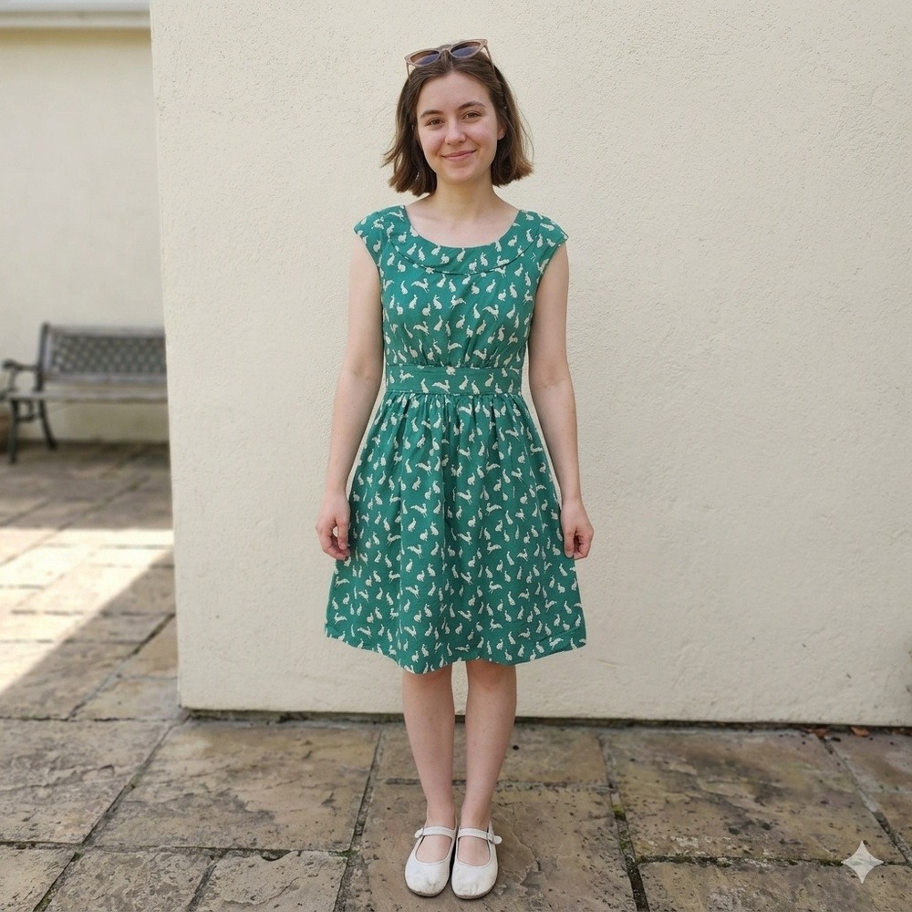 Emily and Fin Dress Womens Medium Green Rabbit Print Bunny Pockets Cottagecore